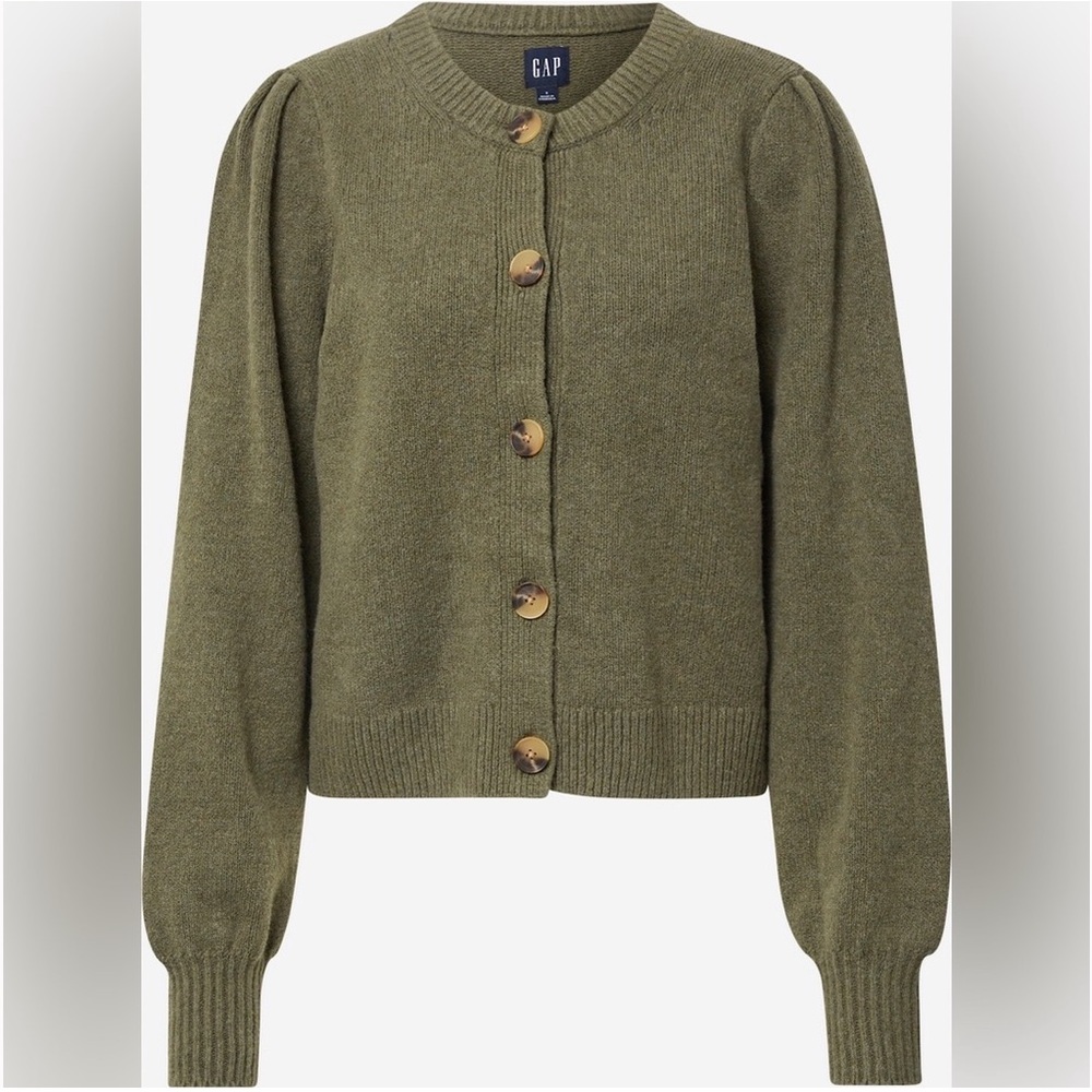 GAP Olive Green Puff Sleeve Button-Front Cardigan